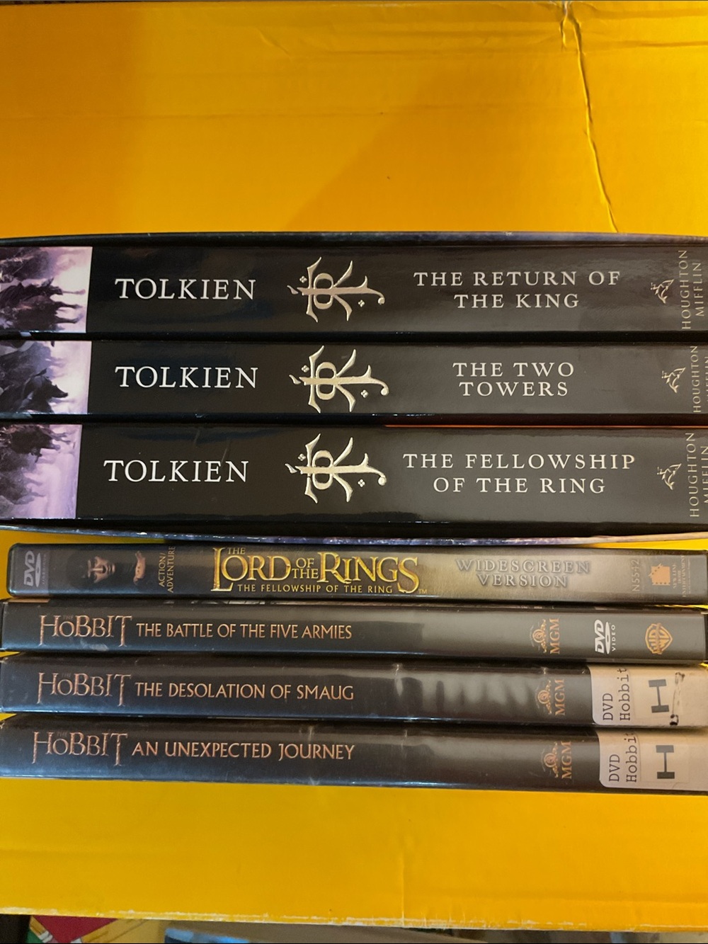 LORD of the RINGS novels + Fellowship DVD & HOBBIT DVDs Smaug, 5Armies & Journey